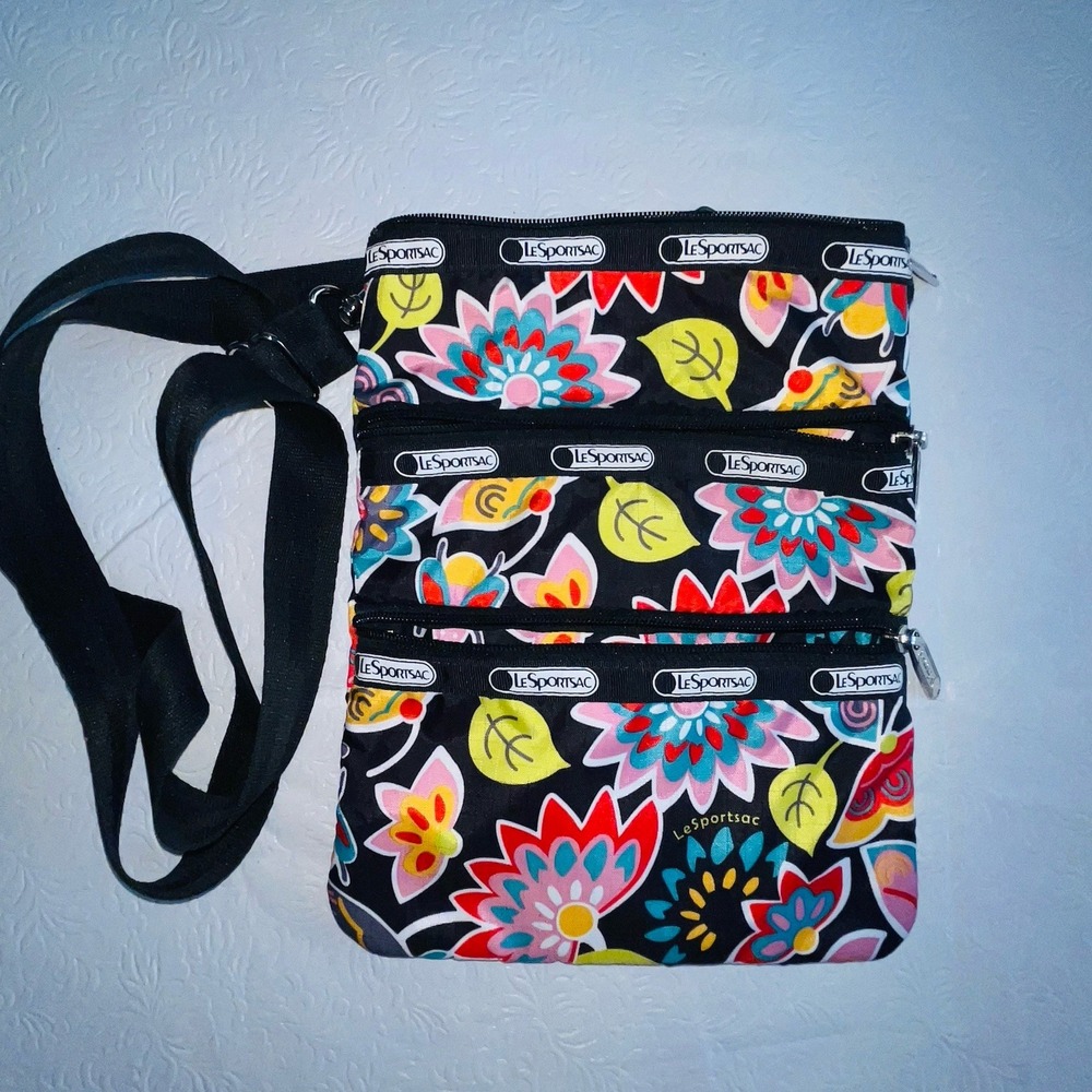 LeSportsac Floral Crossbody Bag Three Zip Purse Nylon Black Multi Color 8x10